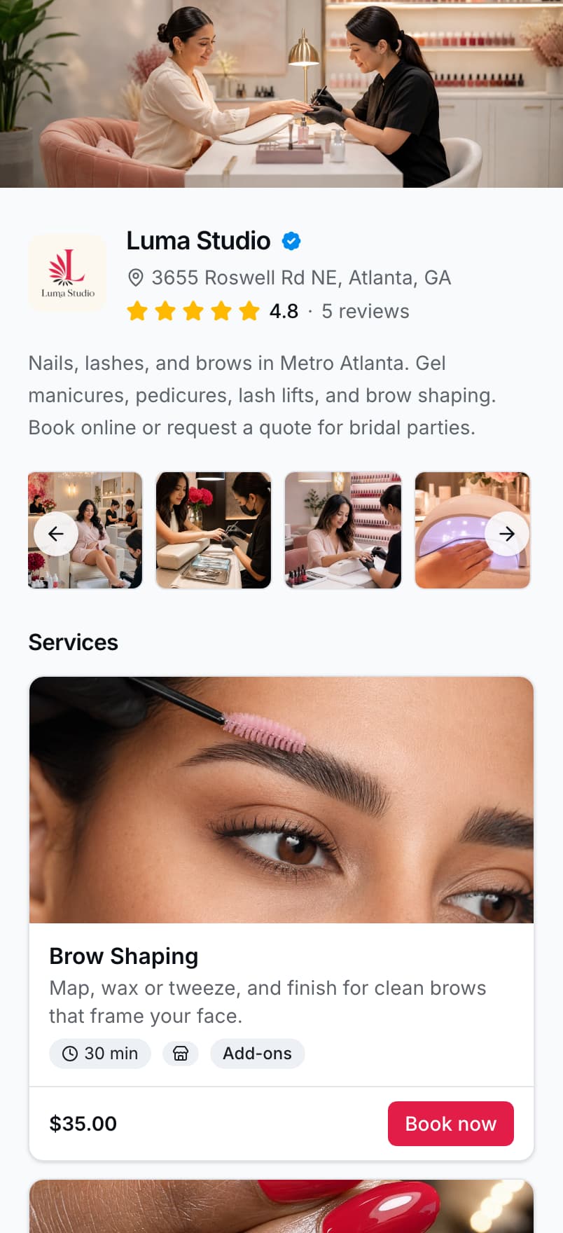 The Luma Studio booking page on a phone