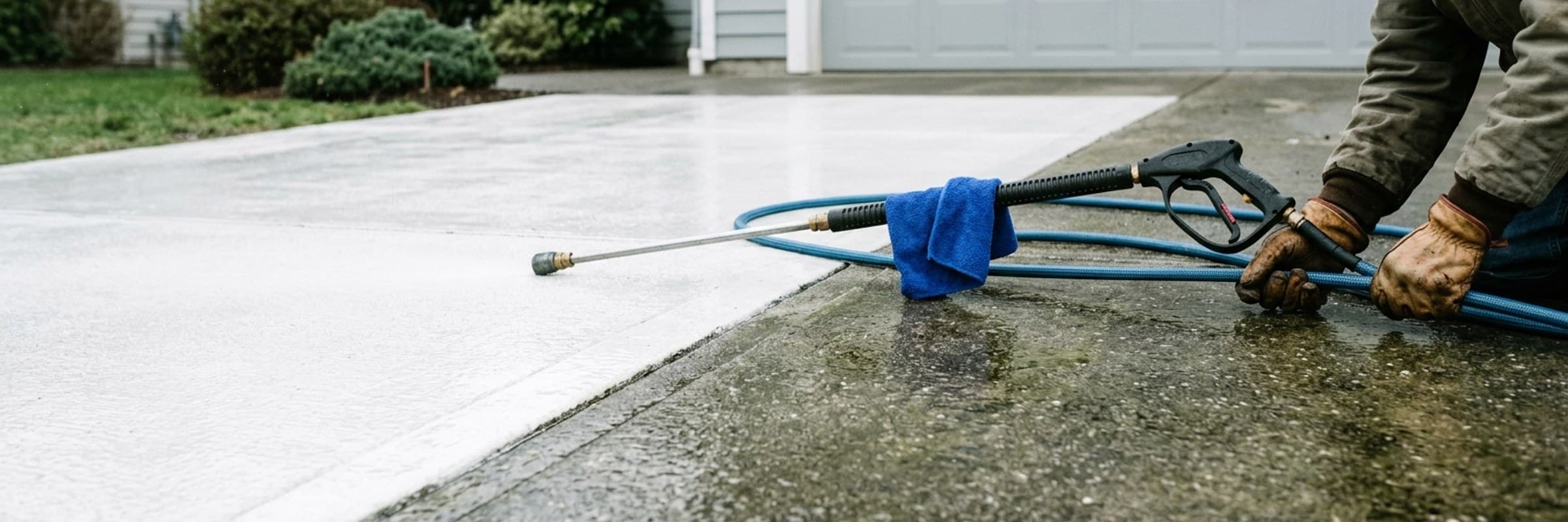 Pressure washing work on a job in daylight