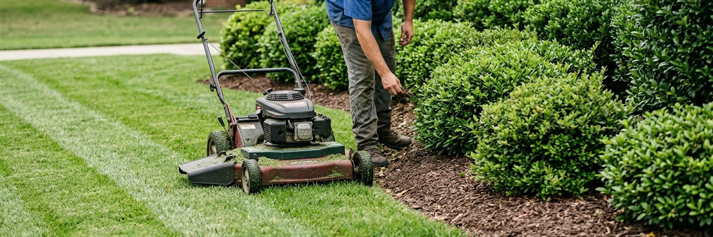 A lawn care pro mowing stripes into a front yard