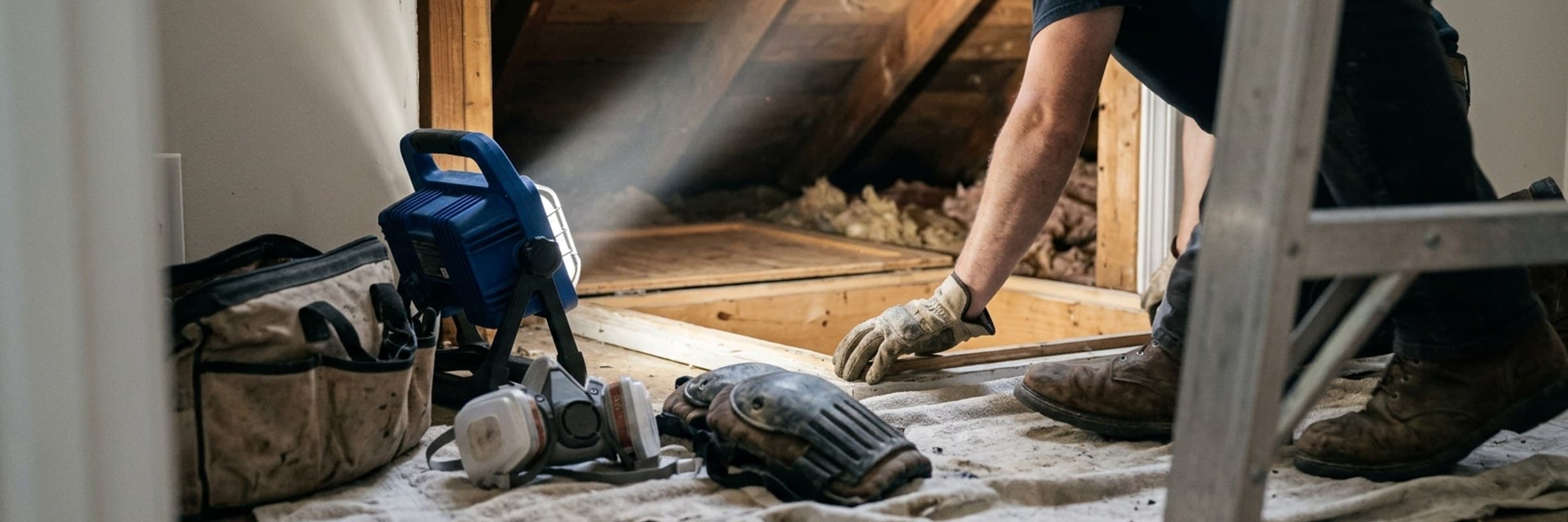 Attic & crawl space work on a job in daylight