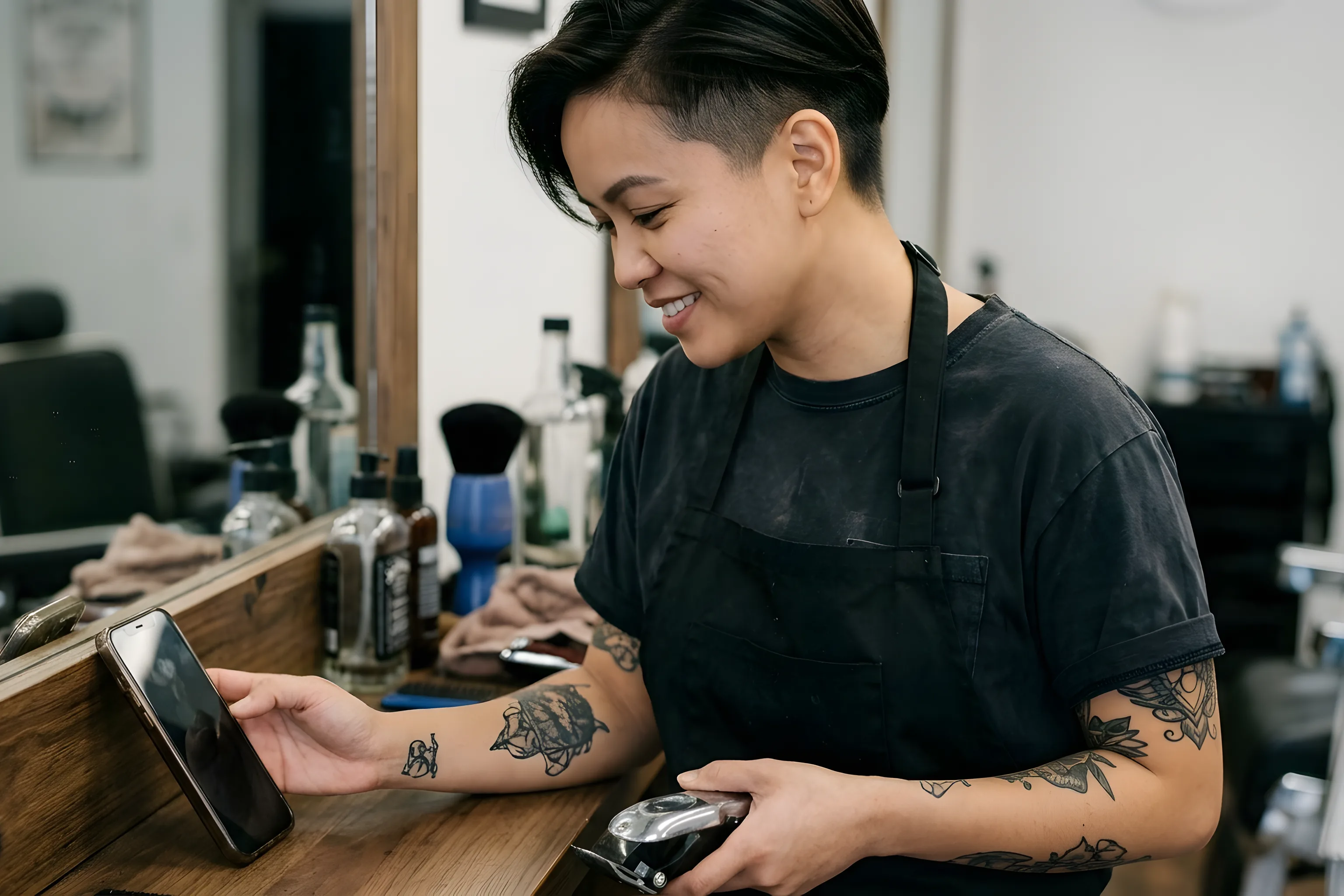 A barber glancing at her phone between clients as a booking lands