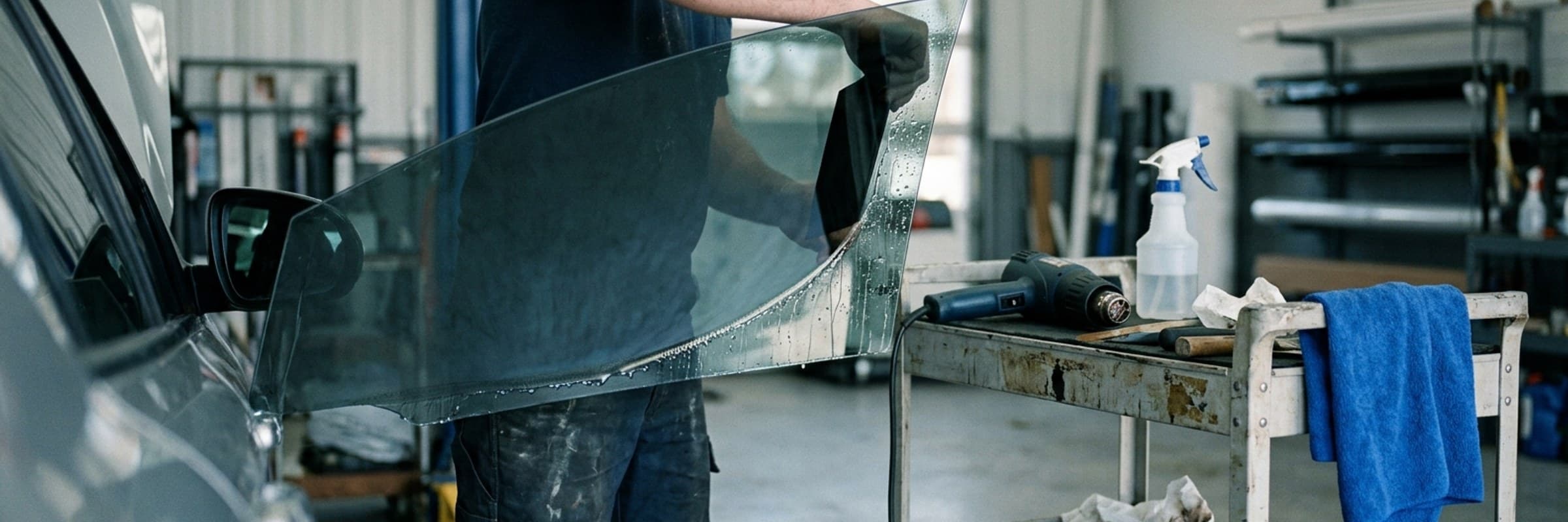 Window tinting work on a job in daylight