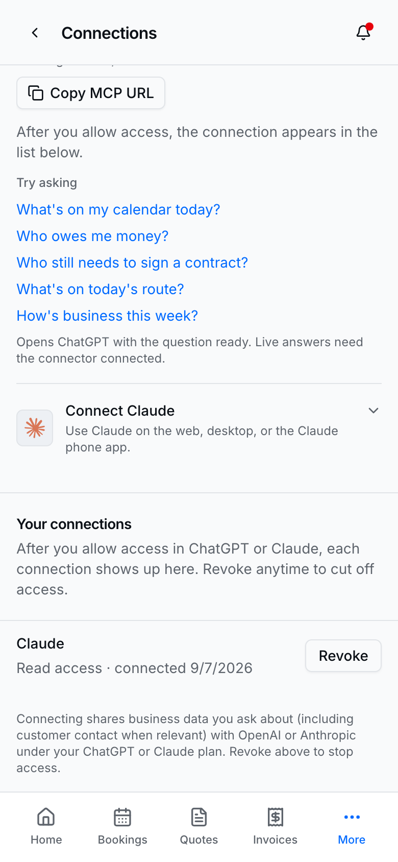 Settings → Connections with Claude connected and Try asking prompts