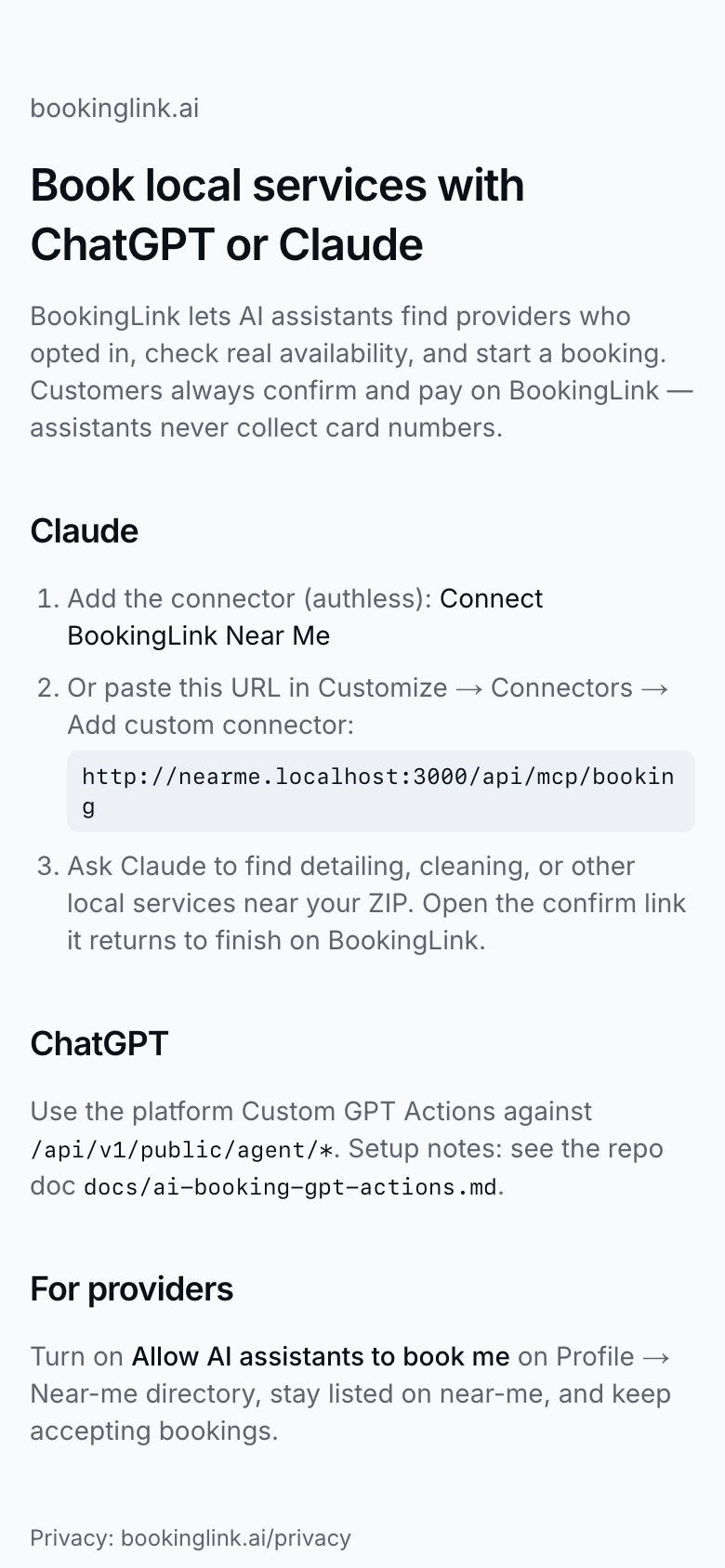 AI booking docs customers and assistants use to connect