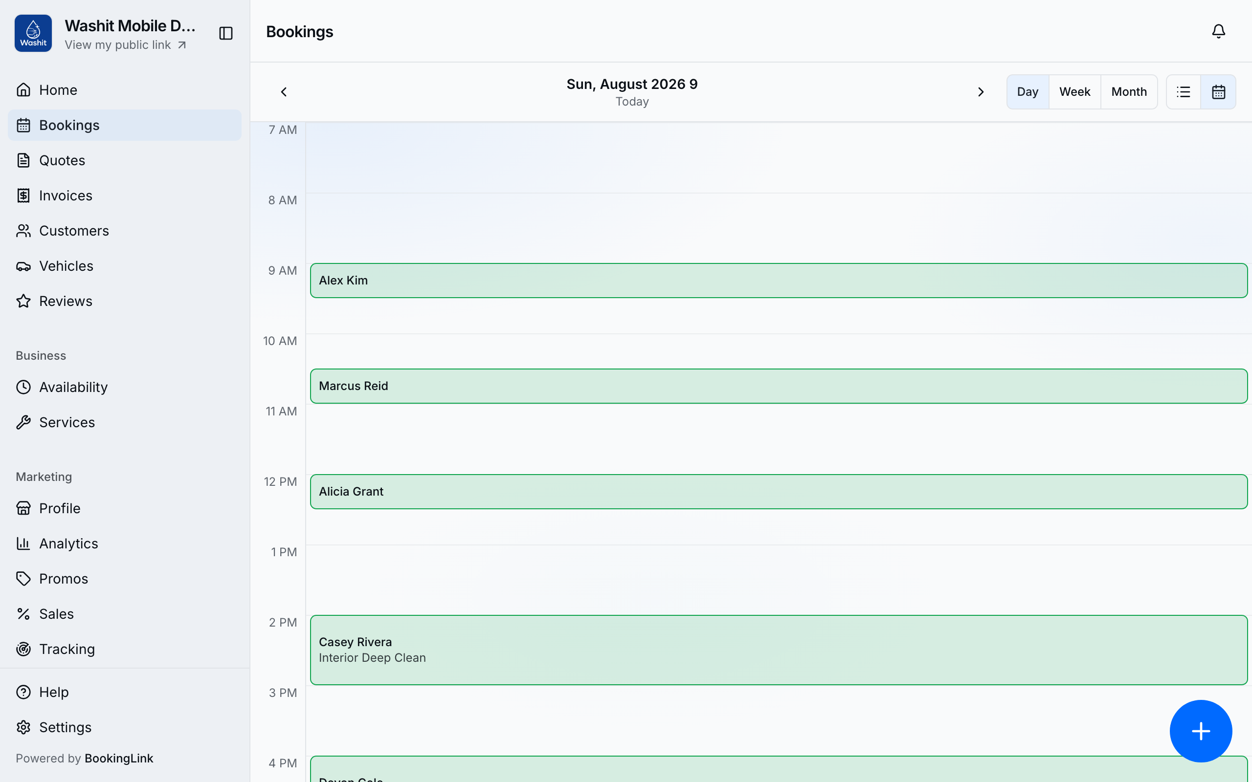 Desktop day planner time grid of today's bookings