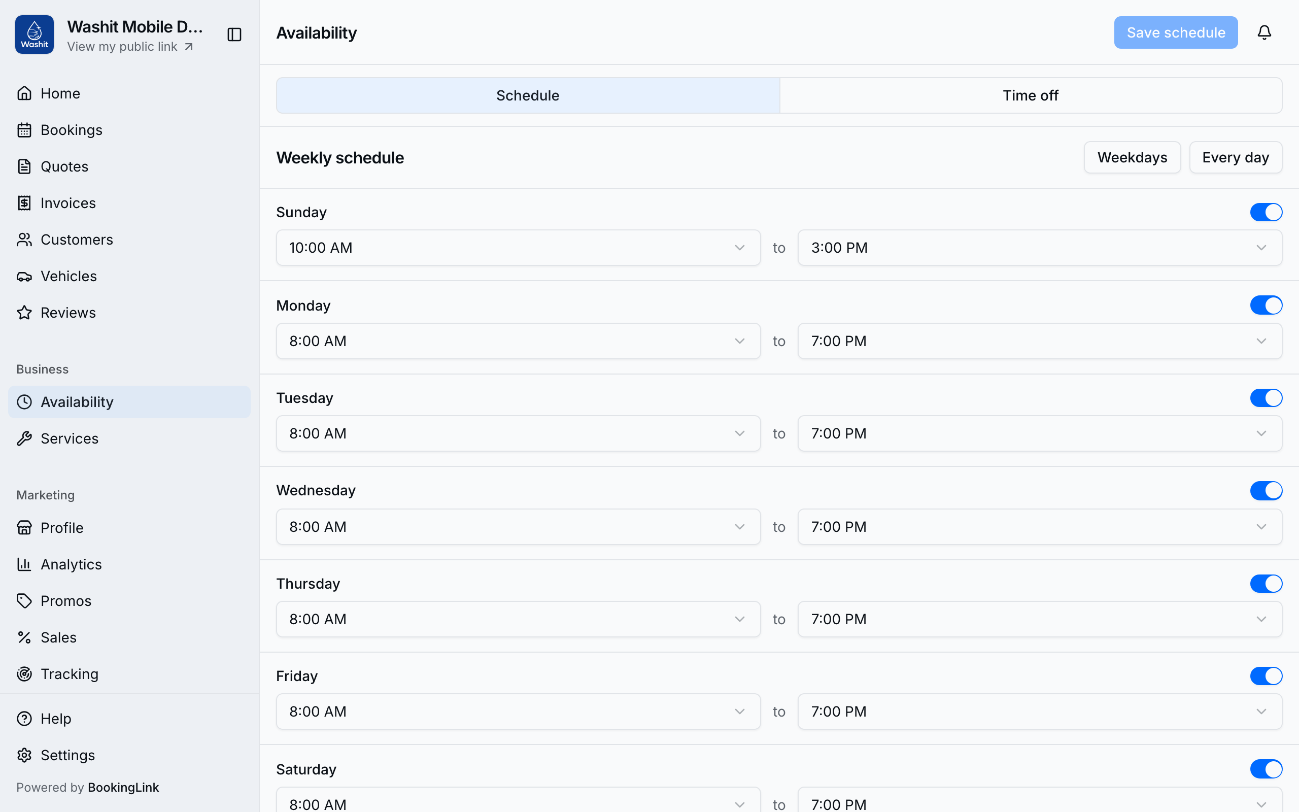 Desktop weekly availability with the full week of hours