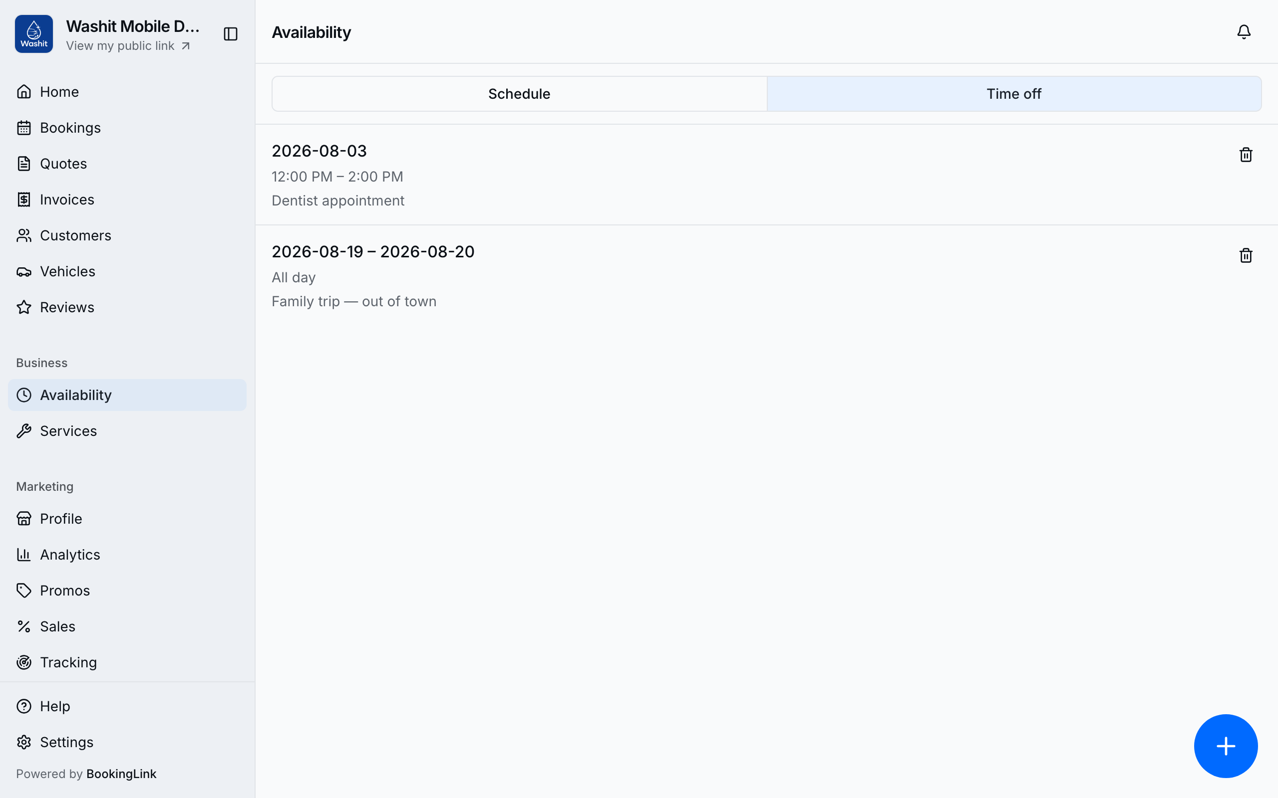 Desktop time off list so blocked days stay off the public calendar