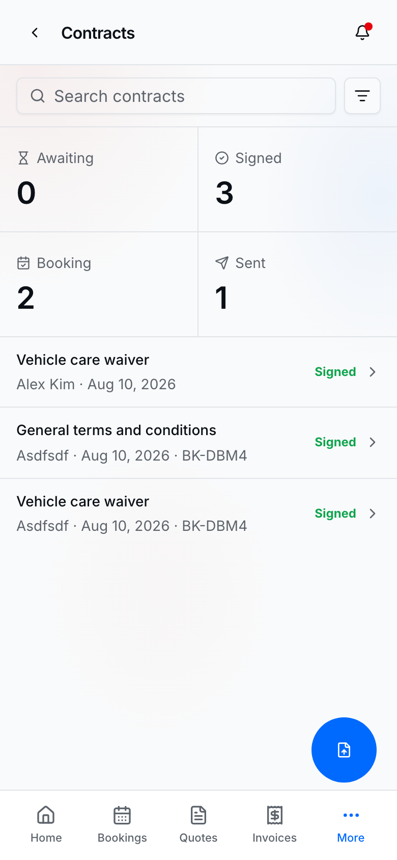 Contracts hub with Awaiting and Signed agreements