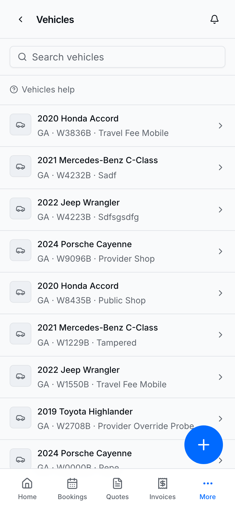 Vehicles list with customer cars ready to attach to jobs