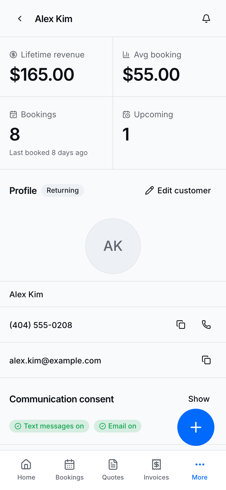 Customer detail with contact, history, and related work