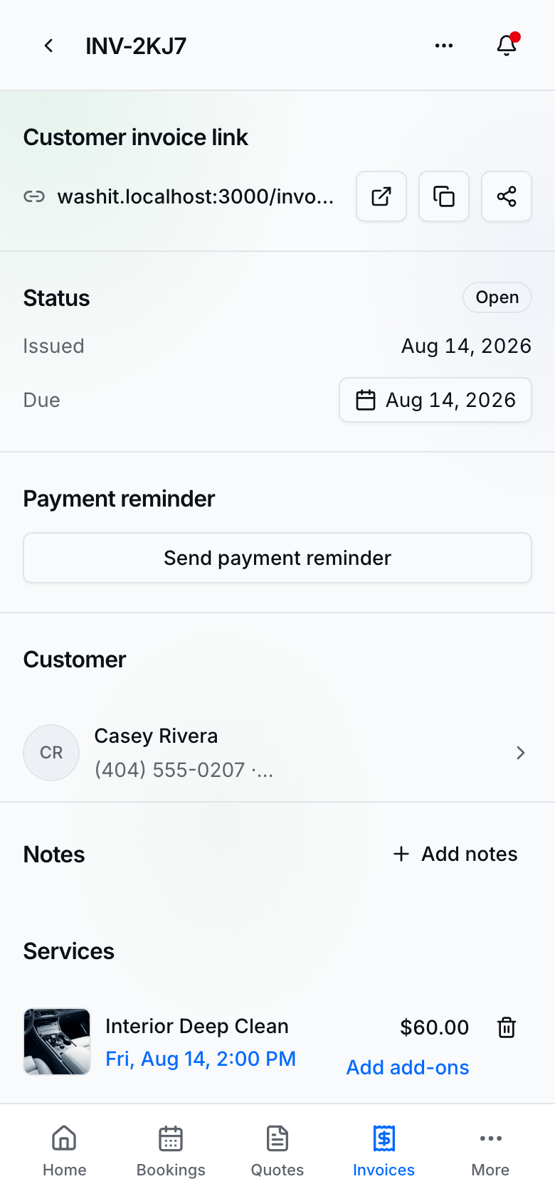 Step 2 — Invoice detail to send, remind, or take payment