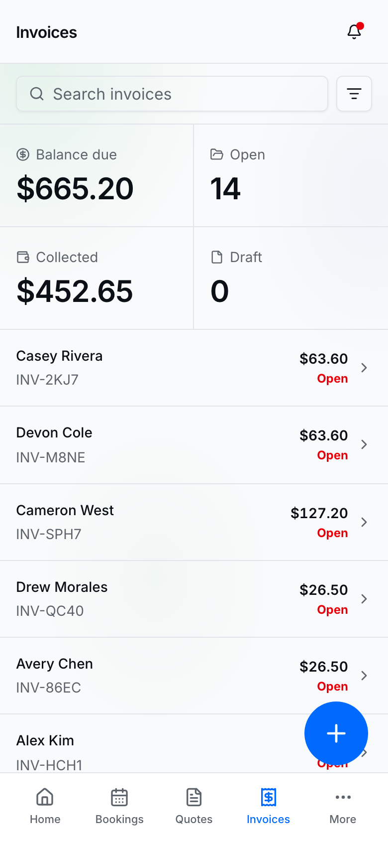 Step 1 — Invoices list to track drafts, sent, and paid