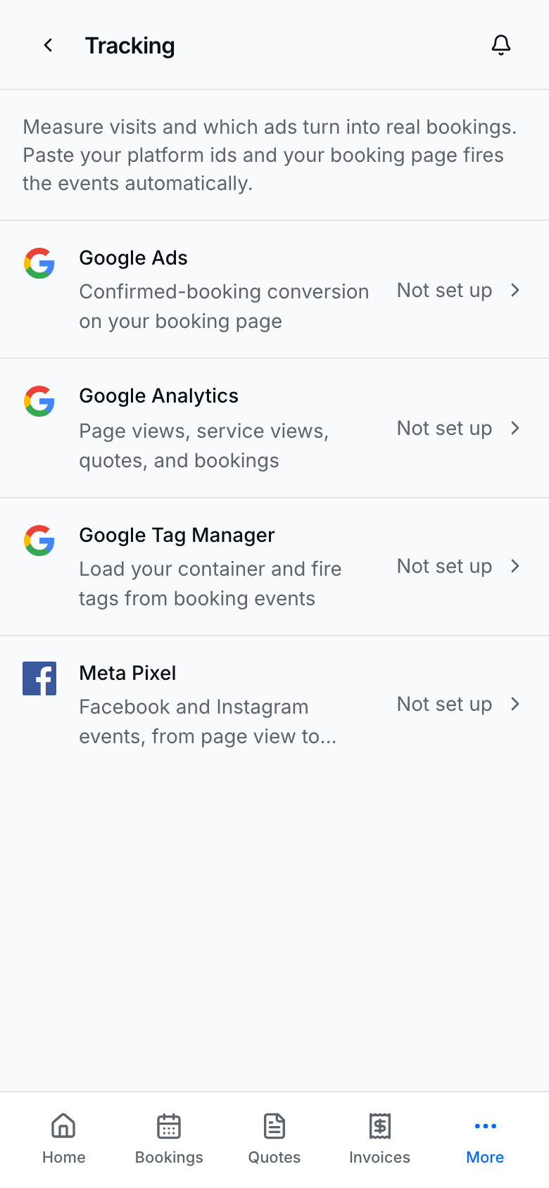 Tracking integrations for Google Ads, Analytics, Tag Manager, and Meta