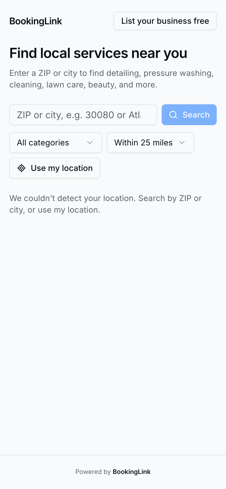 Near-me search for a ZIP or city before results load