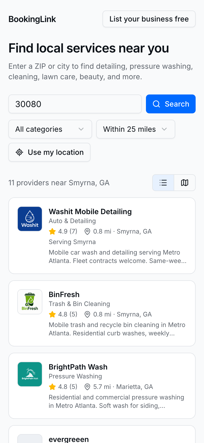 Near-me results showing Washit near Smyrna after a ZIP search