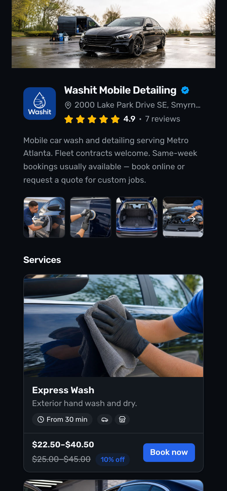 Public Washit page powered by your profile