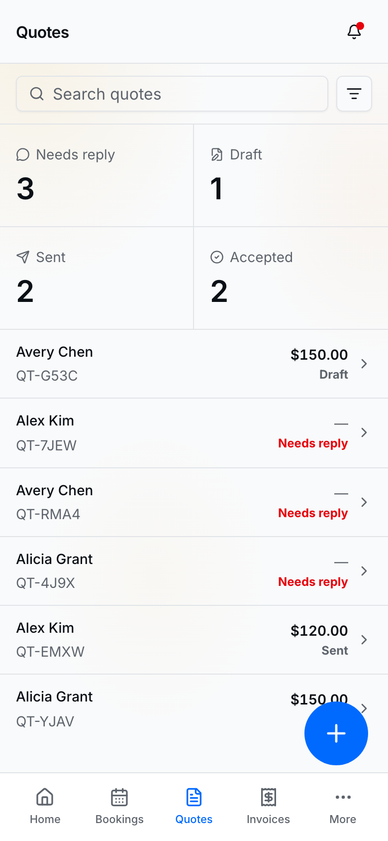 Step 1 — Quotes list of outbound quotes and requests