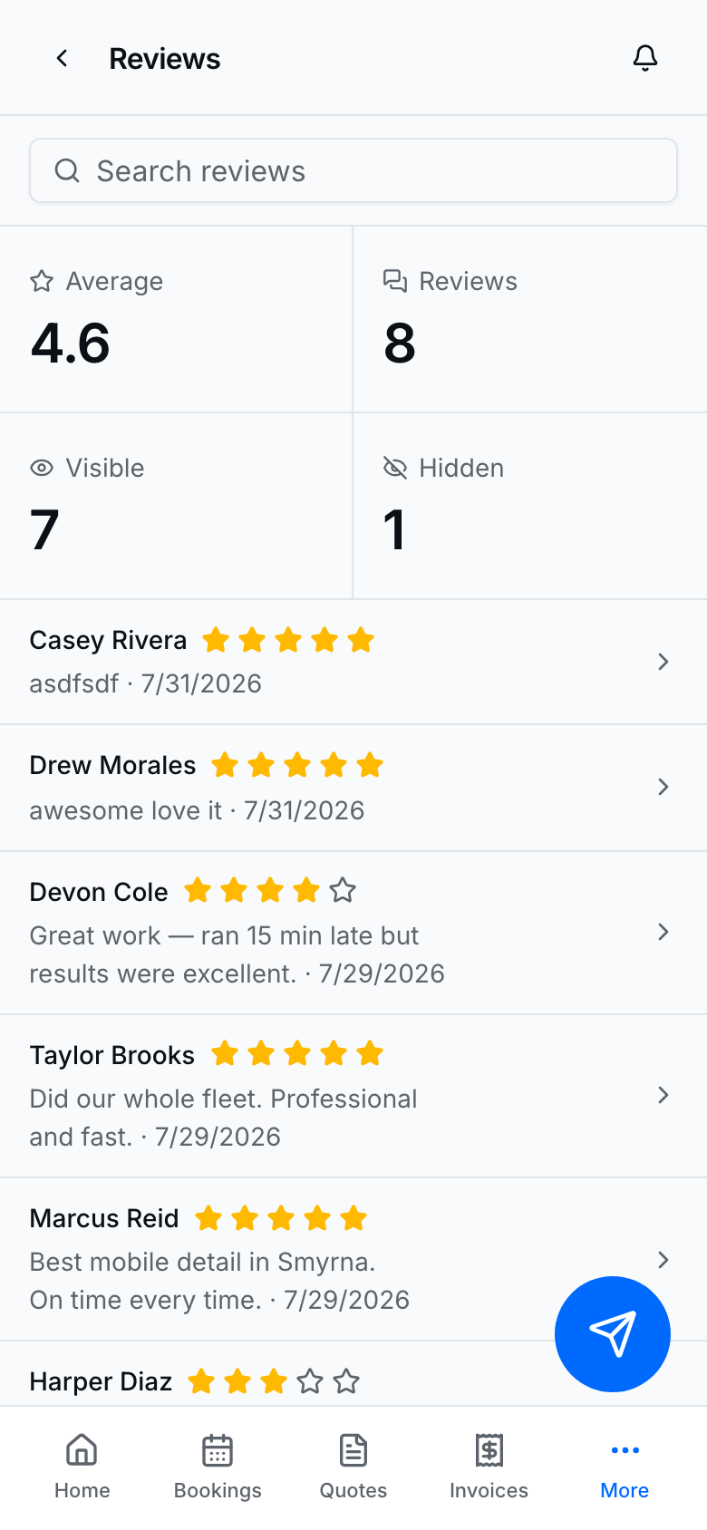 Reviews inbox for ratings that show on your public page
