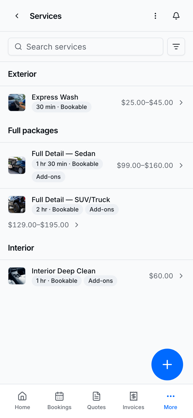 Services catalog customers pick from when they book
