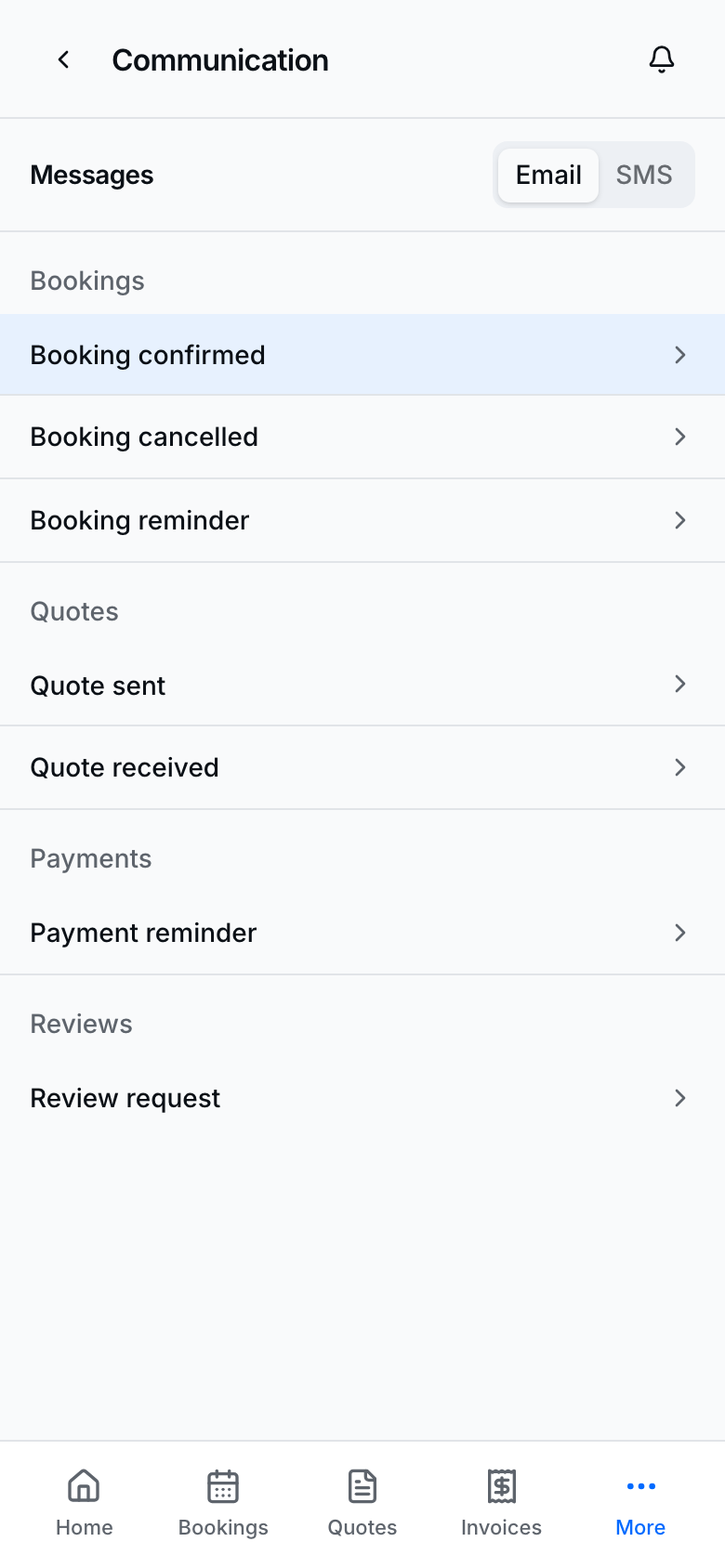 Communication catalog of SMS and email message templates