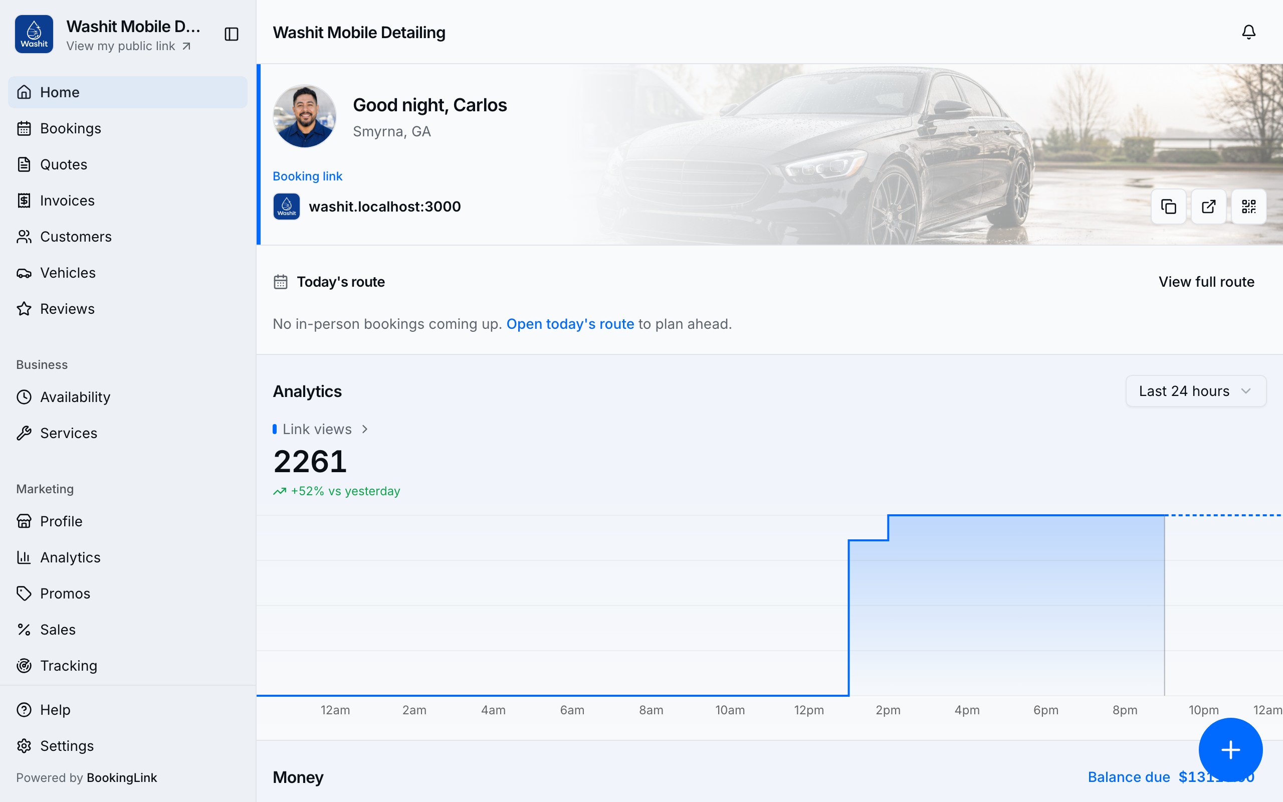 Desktop Home with Today's route teaser beside booking link and analytics